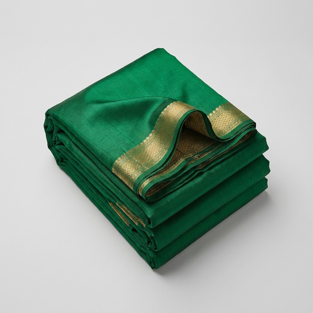 A folded emerald-green silk saree on a studio backdrop