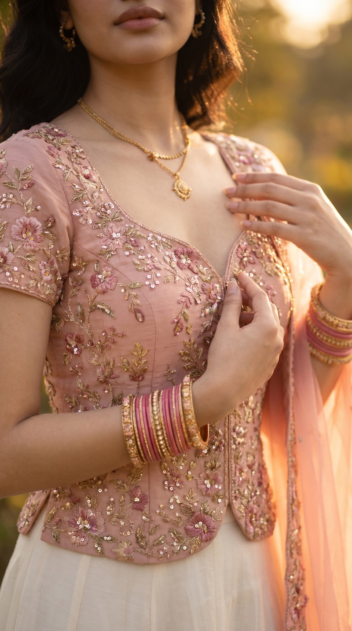 Close-up of an embroidered blush blouse and bangles