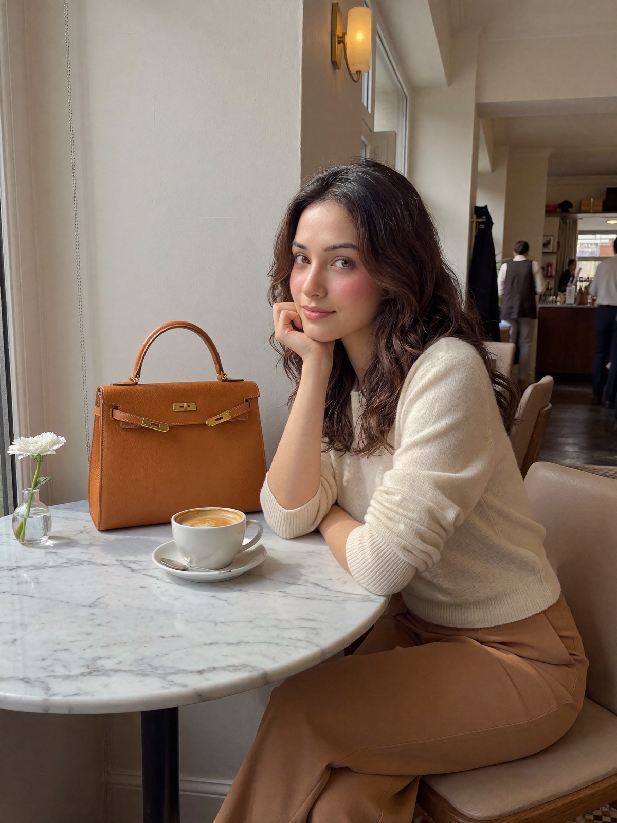 Siya at a cafe with a leather handbag