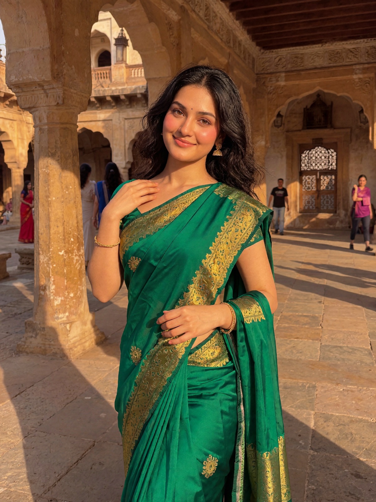 Siya in a green silk saree at a heritage courtyard